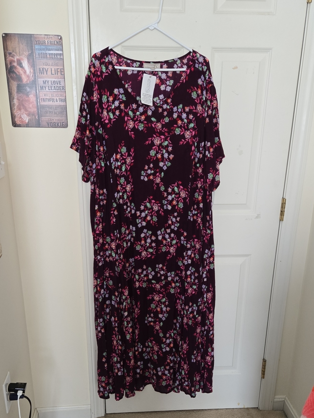 Plus Floral Midi Dress in Burgundy - Women's Floral Scoop Neck Dress